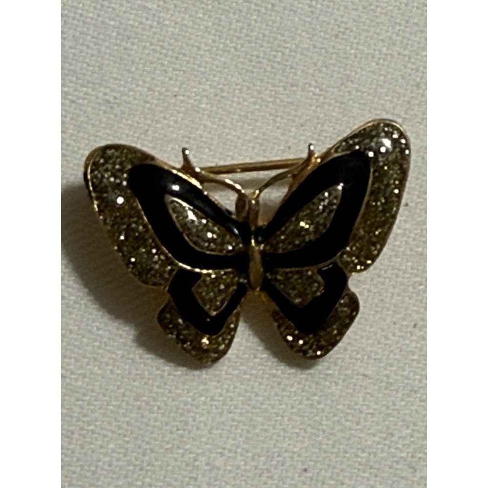 Butterfly Brooch Pin Pendant 1" Gio Lind 14K Gold GE Black Enamel Sparkles